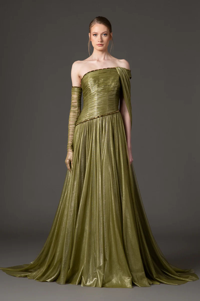 Asymmetric Draped Dress in Silk Foiled Tulle