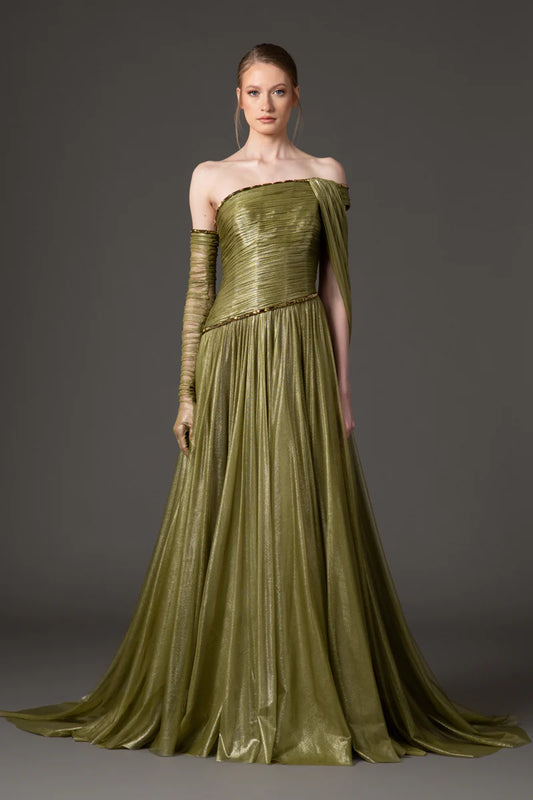 Asymmetric Draped Dress in Silk Foiled Tulle