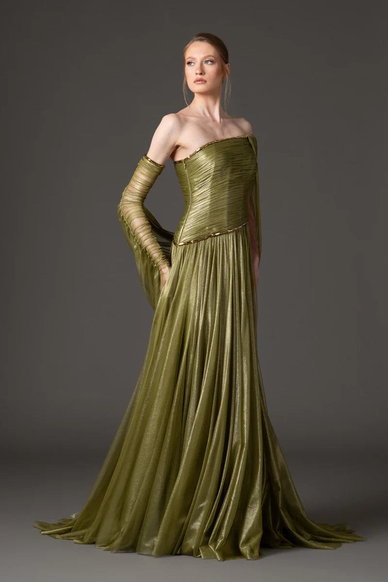 Asymmetric Draped Dress in Silk Foiled Tulle