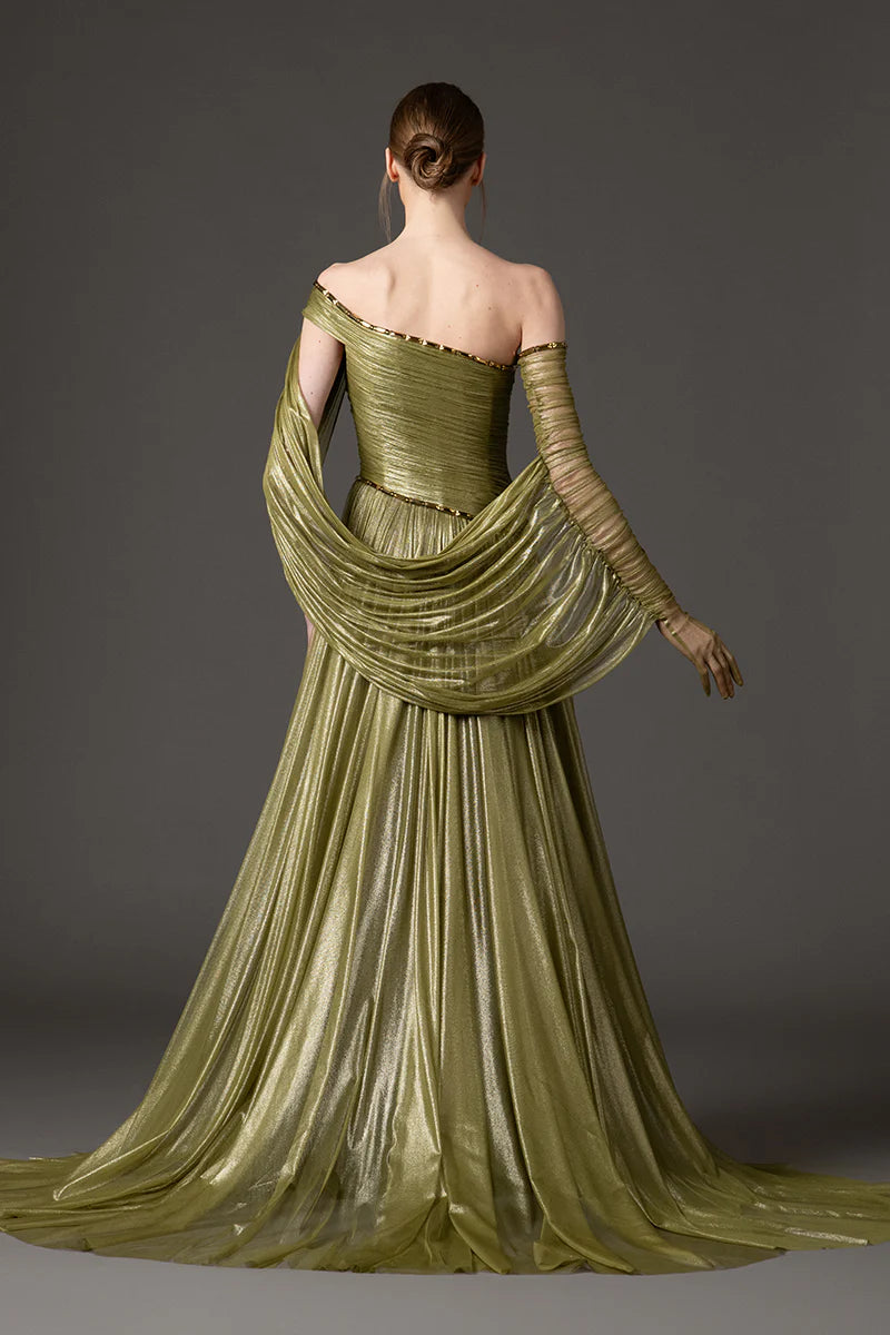 Asymmetric Draped Dress in Silk Foiled Tulle