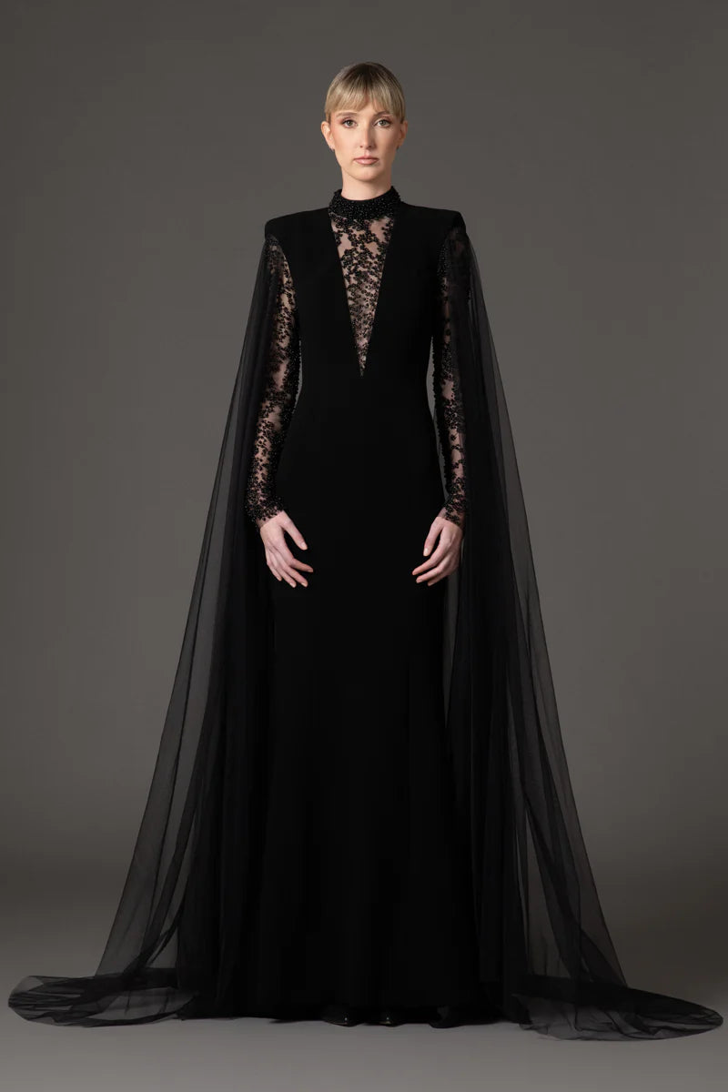 Black Crêpe Dress with Cape Sleeves