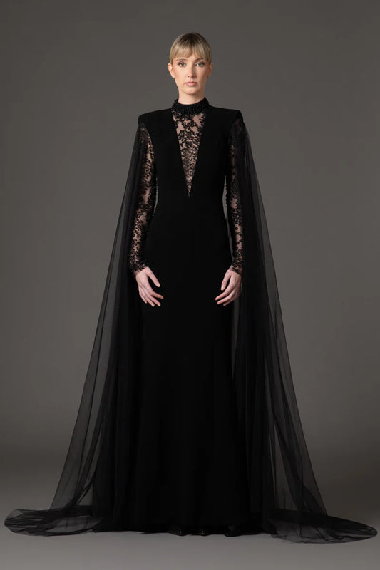 Black Crêpe Dress with Cape Sleeves