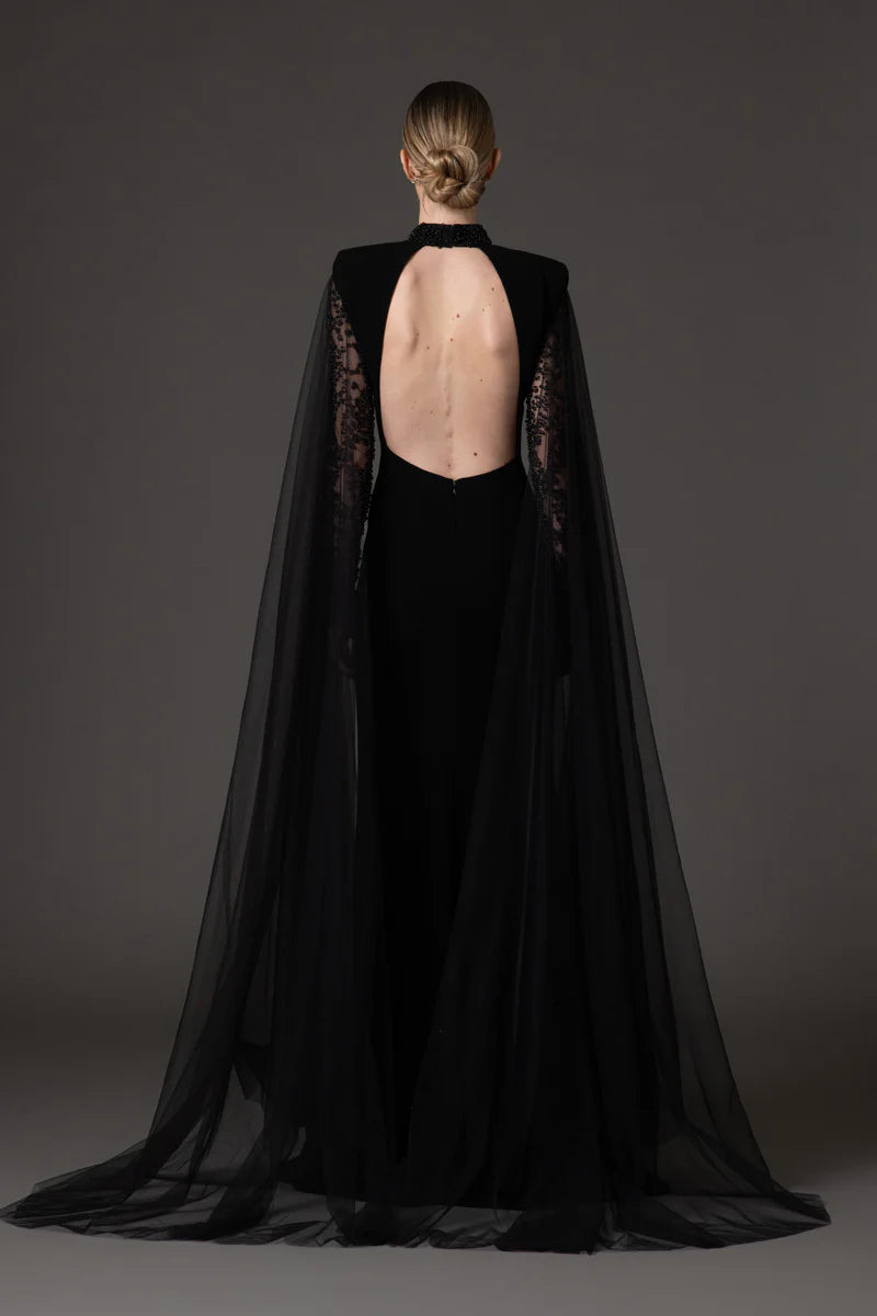 Black Crêpe Dress with Cape Sleeves