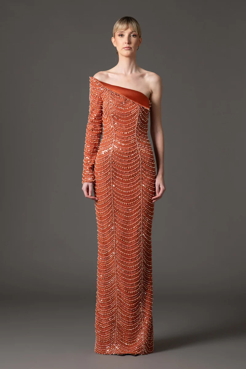 Burnt Brick Asymmetric Crêpe Dress