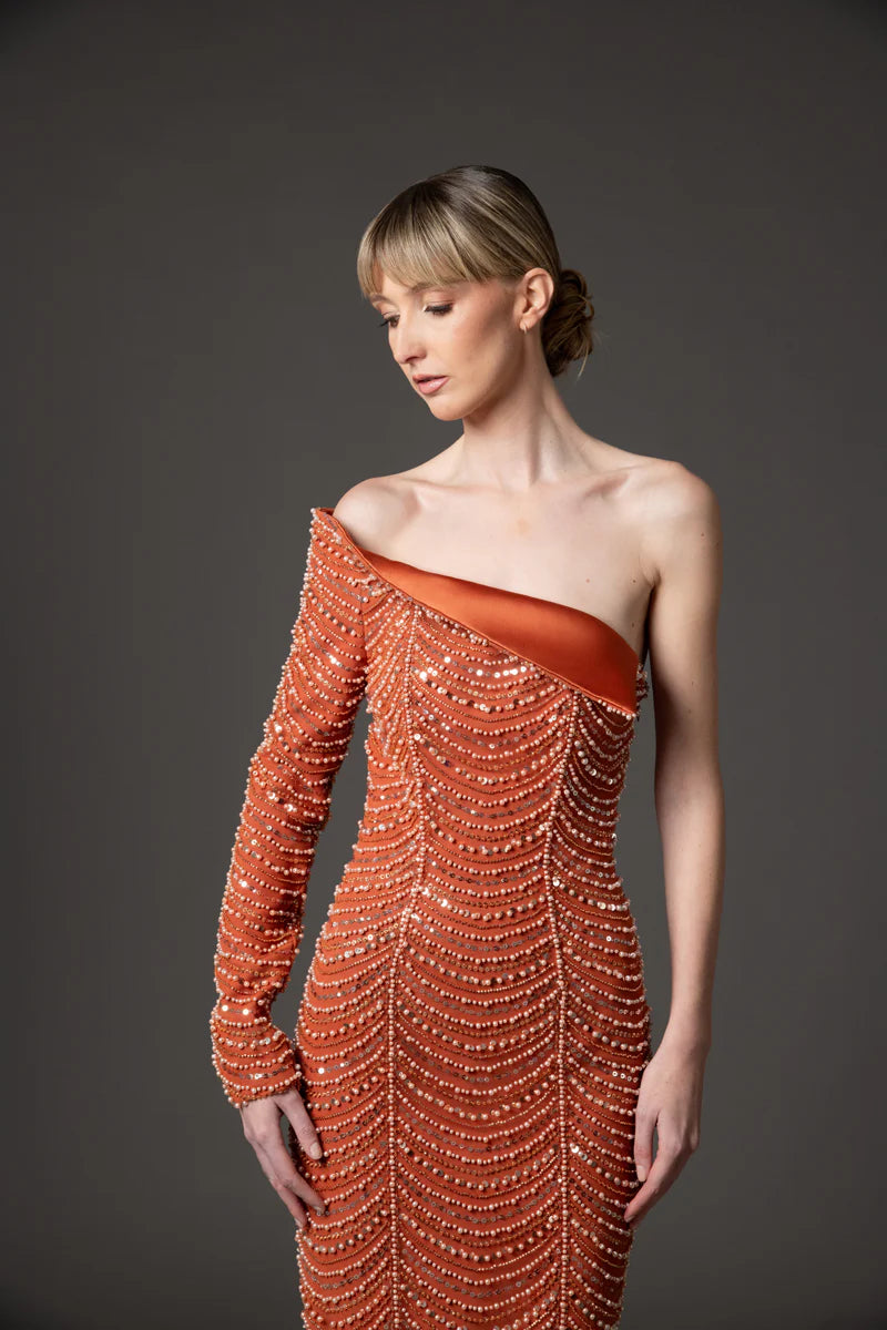 Burnt Brick Asymmetric Crêpe Dress