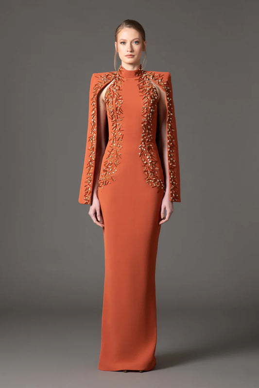 Burnt Brick Embroidered Cape Dress