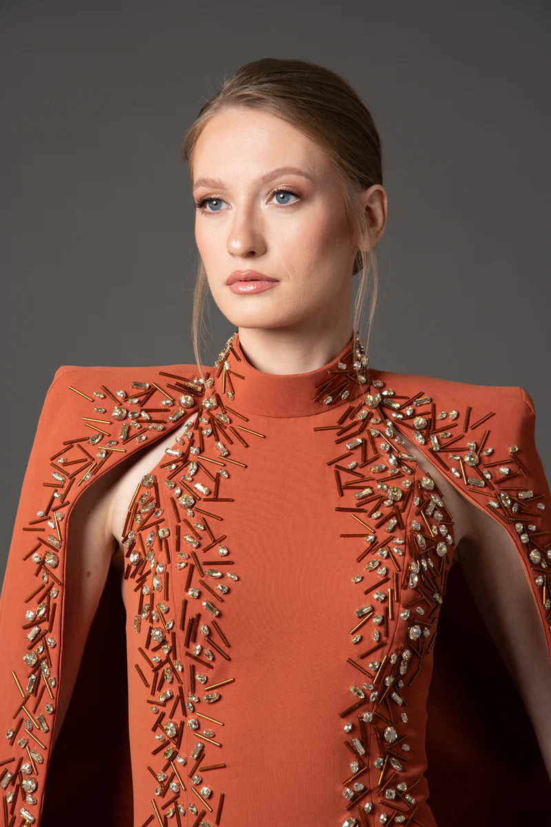 Burnt Brick Embroidered Cape Dress