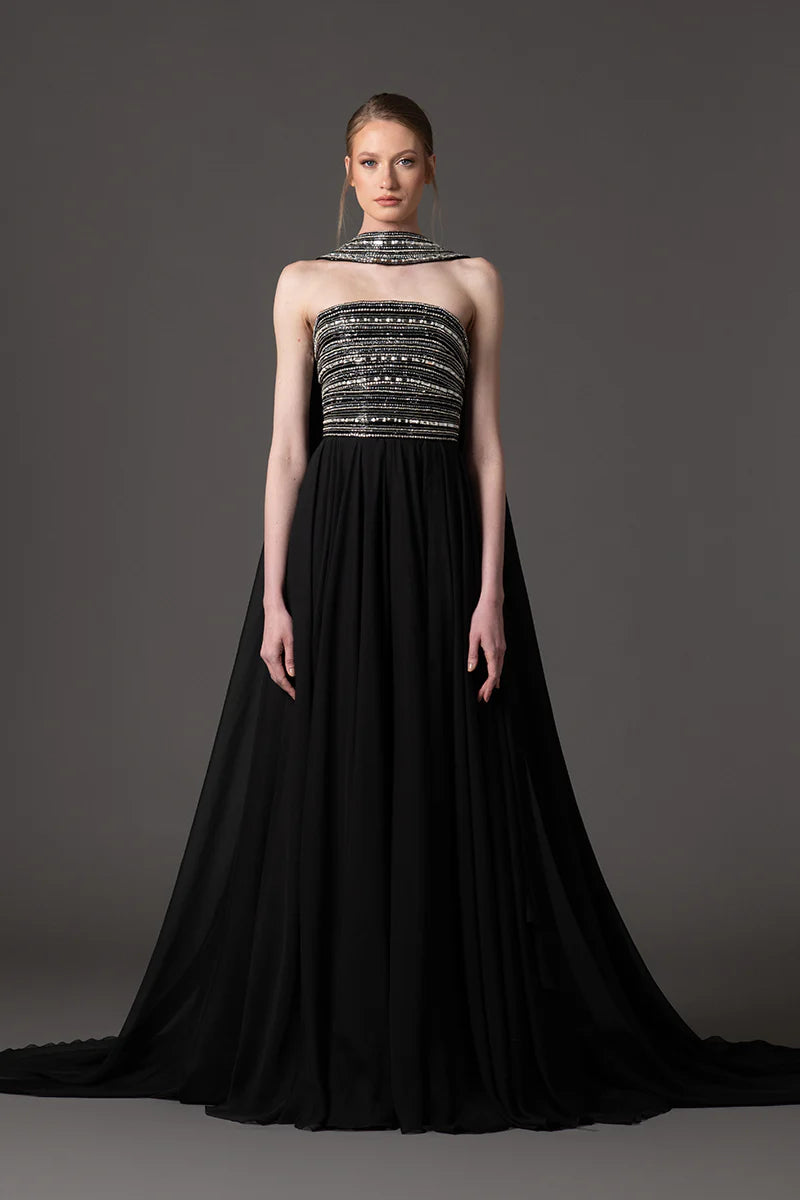 Embroidered Black Dress with Cape