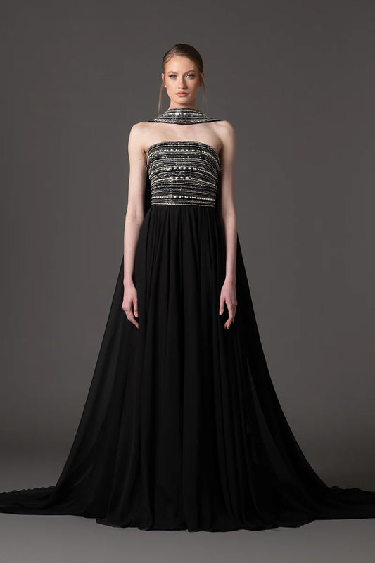 Embroidered Black Dress with Cape