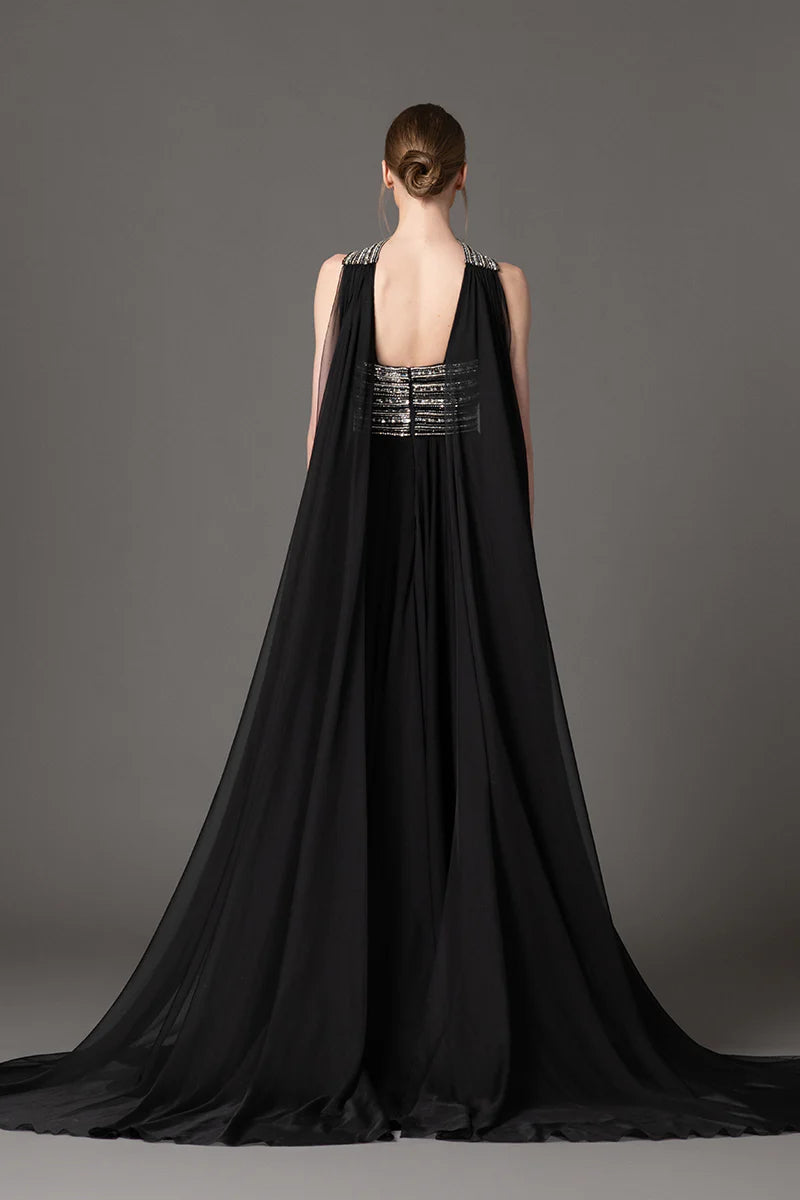 Embroidered Black Dress with Cape
