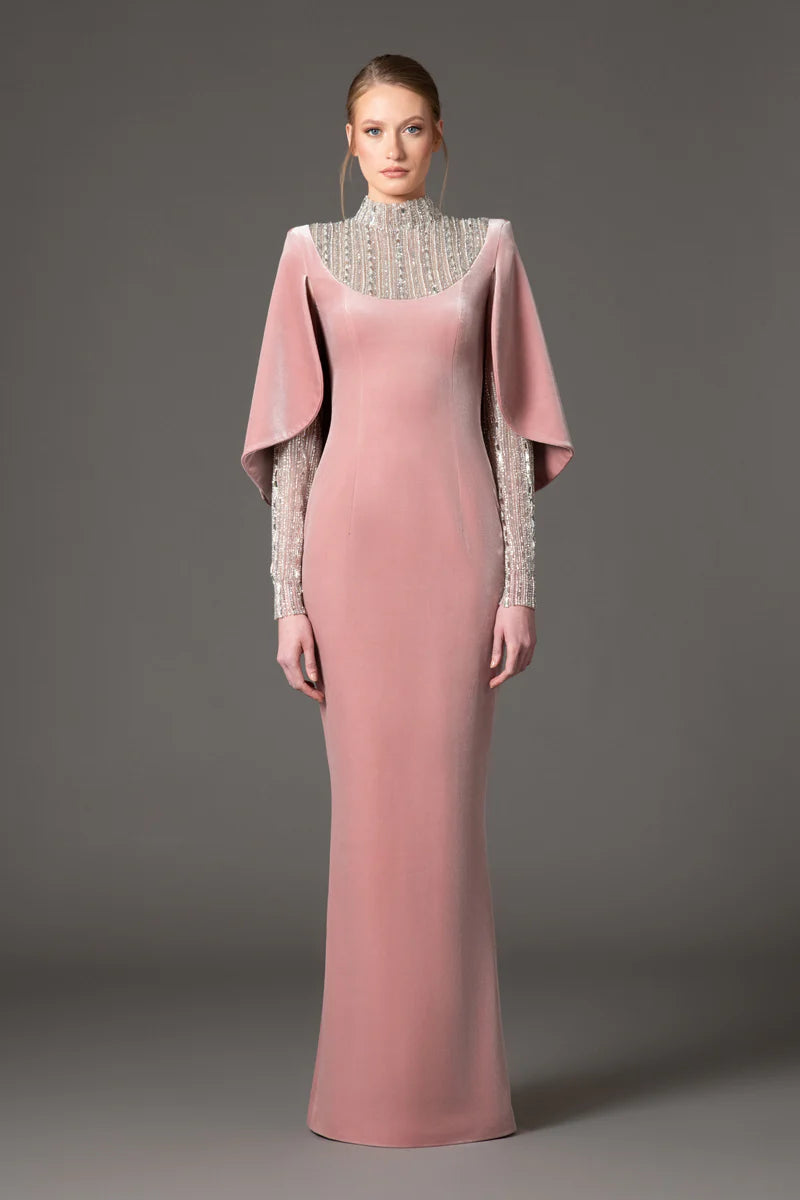 Vintage Rose Velvet Dress with Embroidery