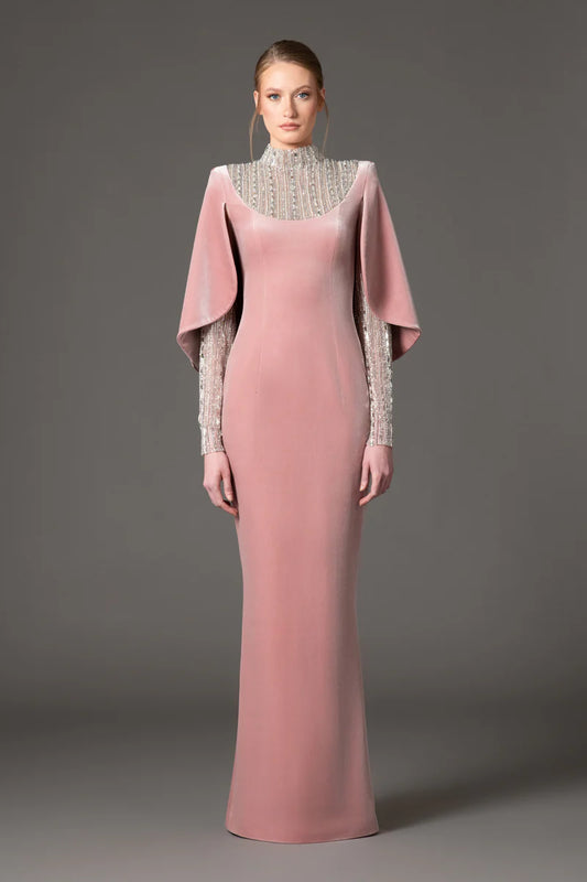 Vintage Rose Velvet Dress with Embroidery