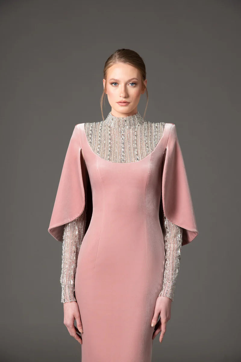 Vintage Rose Velvet Dress with Embroidery