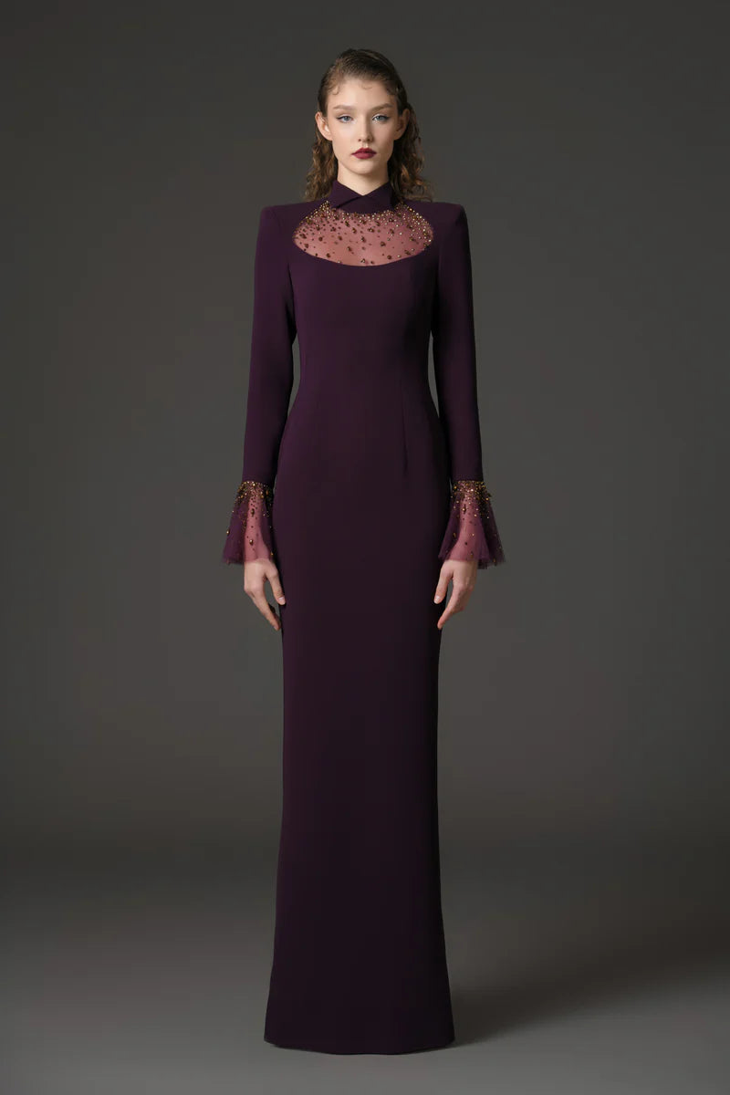 Embroidered Burgundy Crêpe Dress