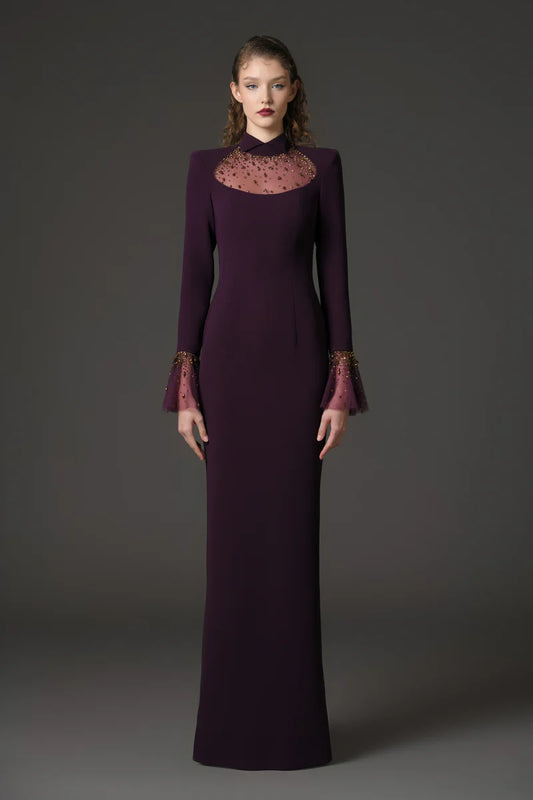 Embroidered Burgundy Crêpe Dress