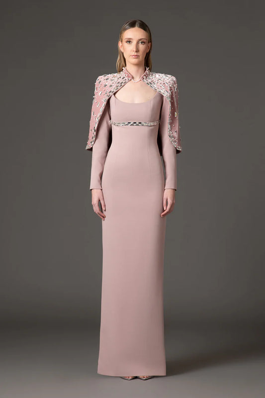 Vintage Rose Crêpe Dress with Velvet Bolero