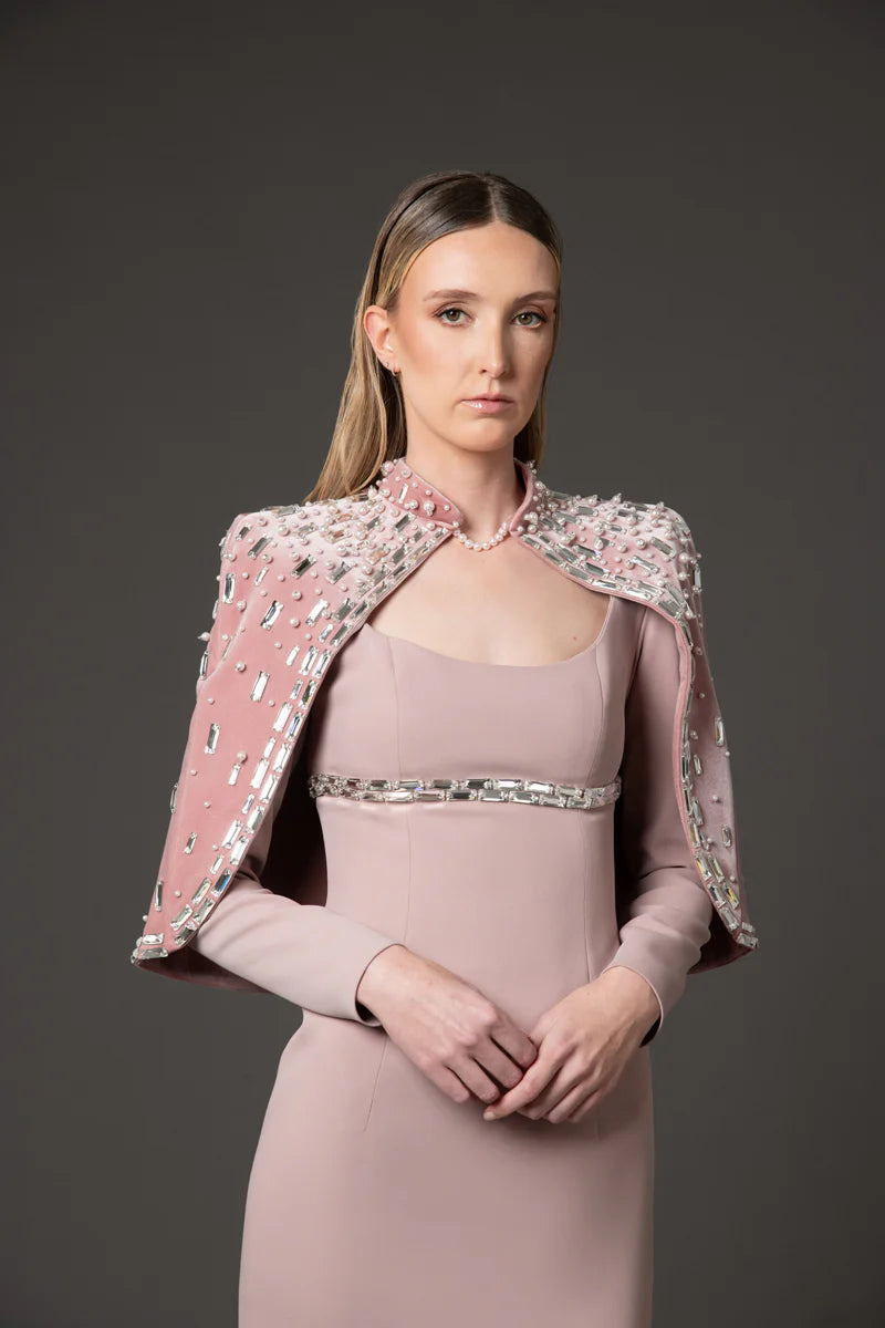 Vintage Rose Crêpe Dress with Velvet Bolero
