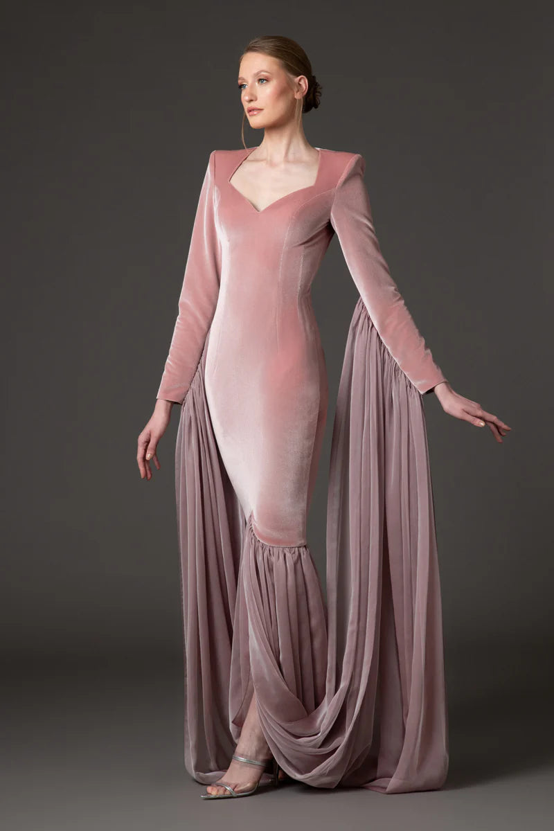 Vintage Rose Velvet Dress with Chiffon Draping