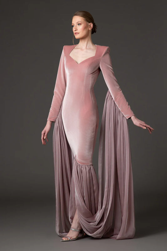 Vintage Rose Velvet Dress with Chiffon Draping