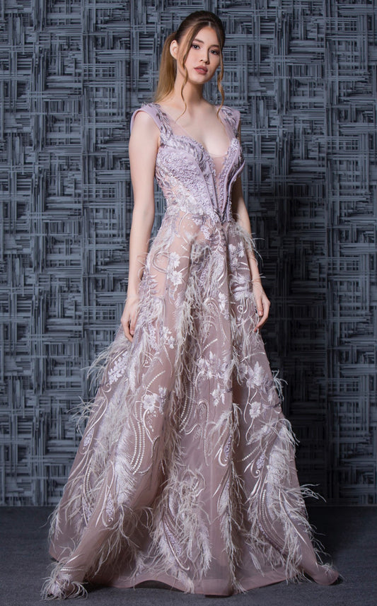 Cap Sleeve Applique Feather Evening Gown