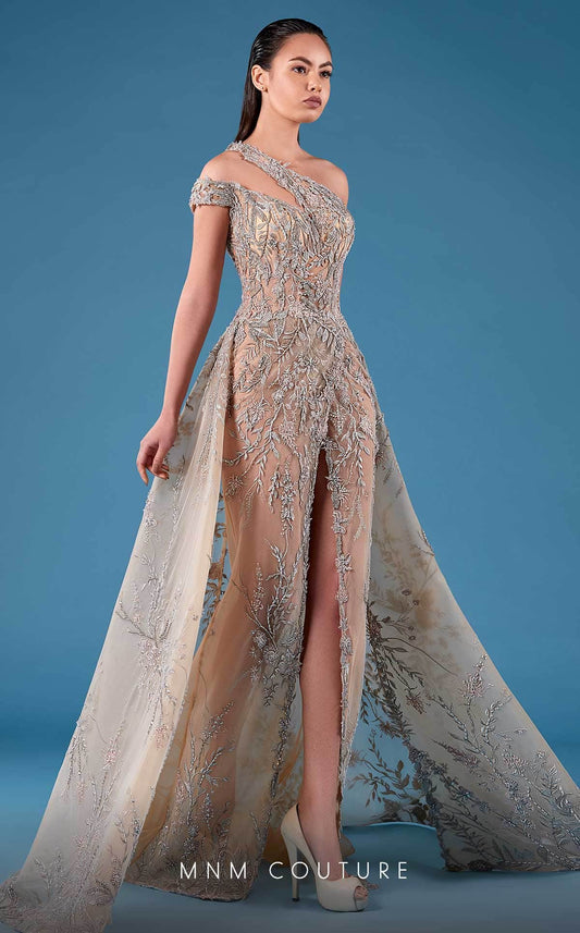 One Shoulder Embellished Gown with Train