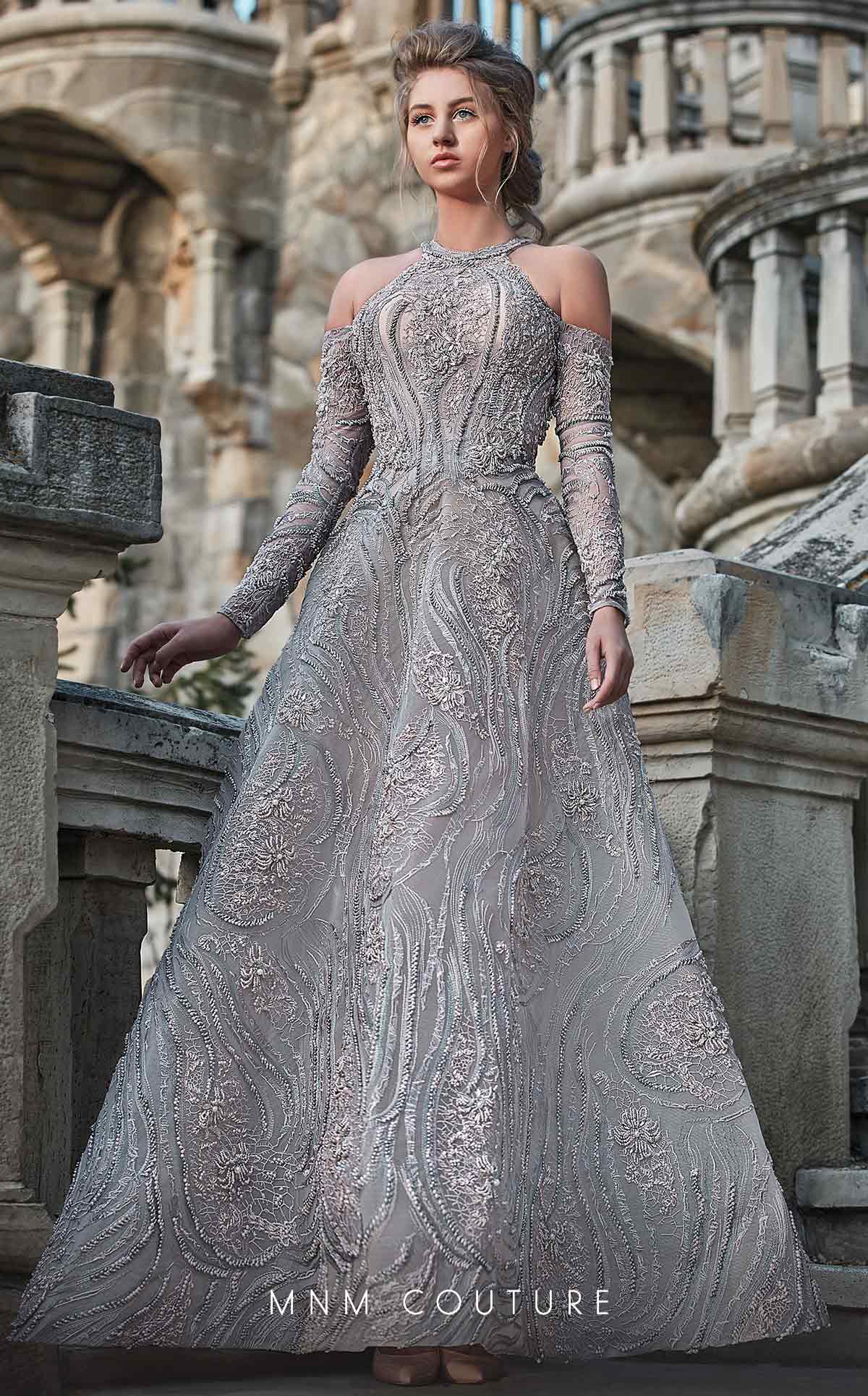Long Sleeve Cold Shoulder Embellished Gown