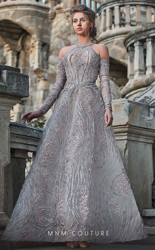 Long Sleeve Cold Shoulder Embellished Gown