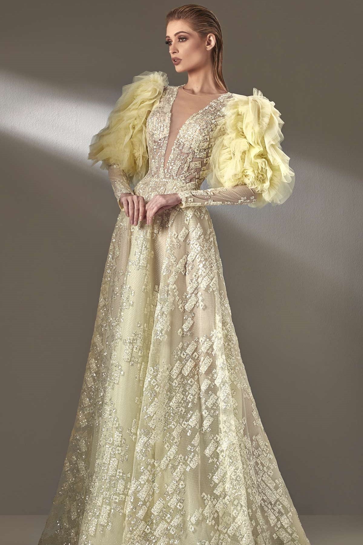 Ruffled Sleeve V Neck Gown