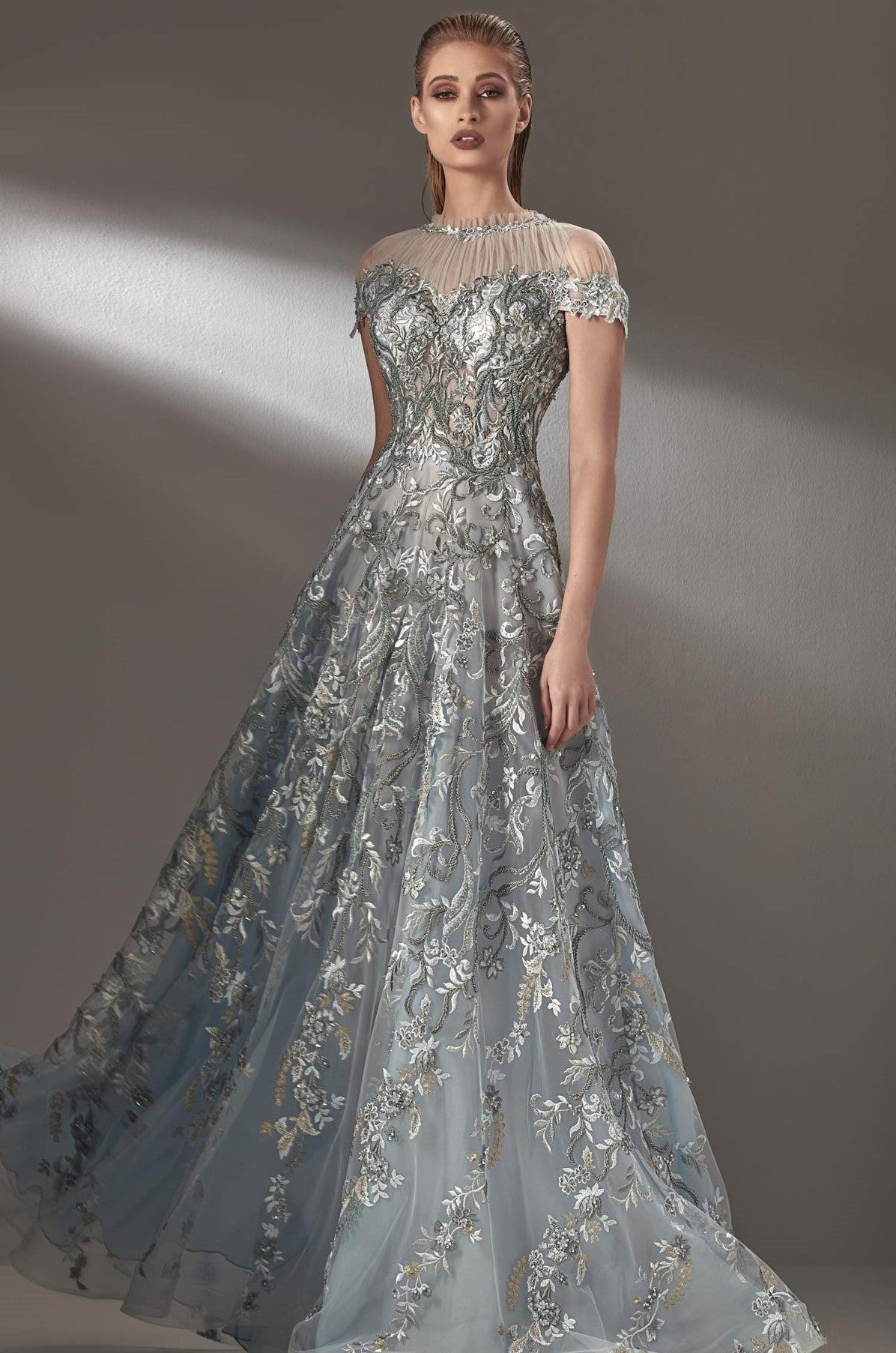 Gathered High Neck Cap Sleeve Gown