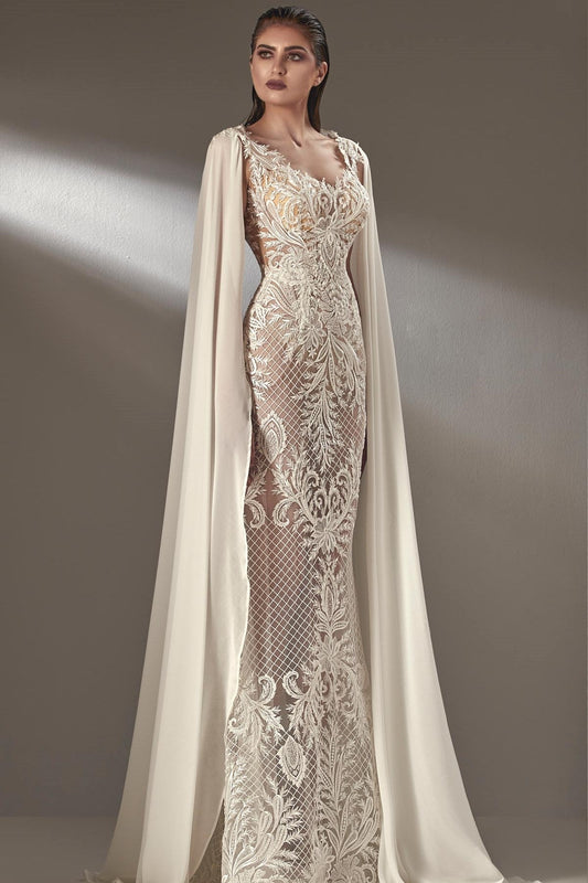 Long Cape Sleeve Column Gown