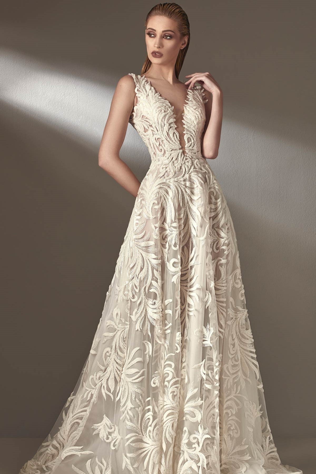 Sleeveless Plunging Neck A-Line Gown