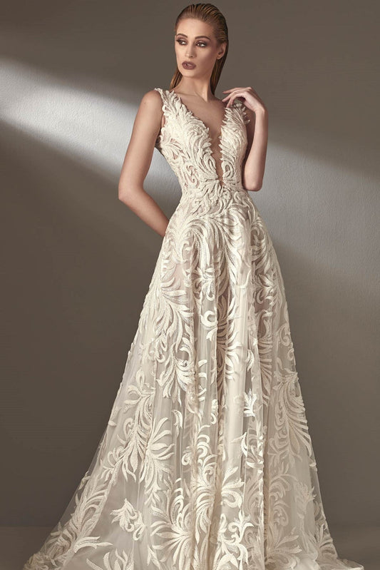 Sleeveless Plunging Neck A-Line Gown
