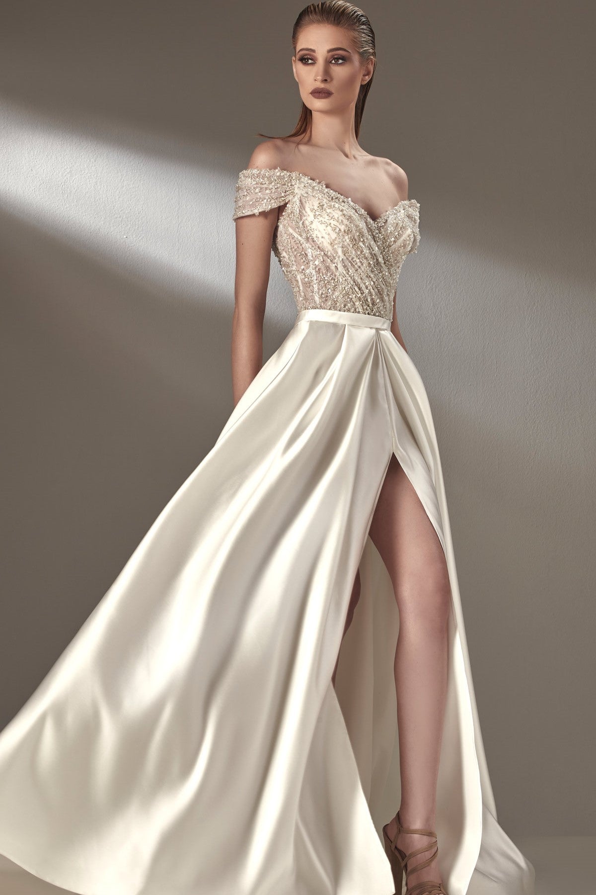Embellished Off the Shoulder Gown