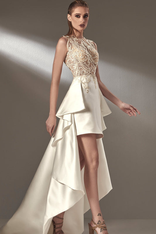 Sleeveless Dress with Draped Train