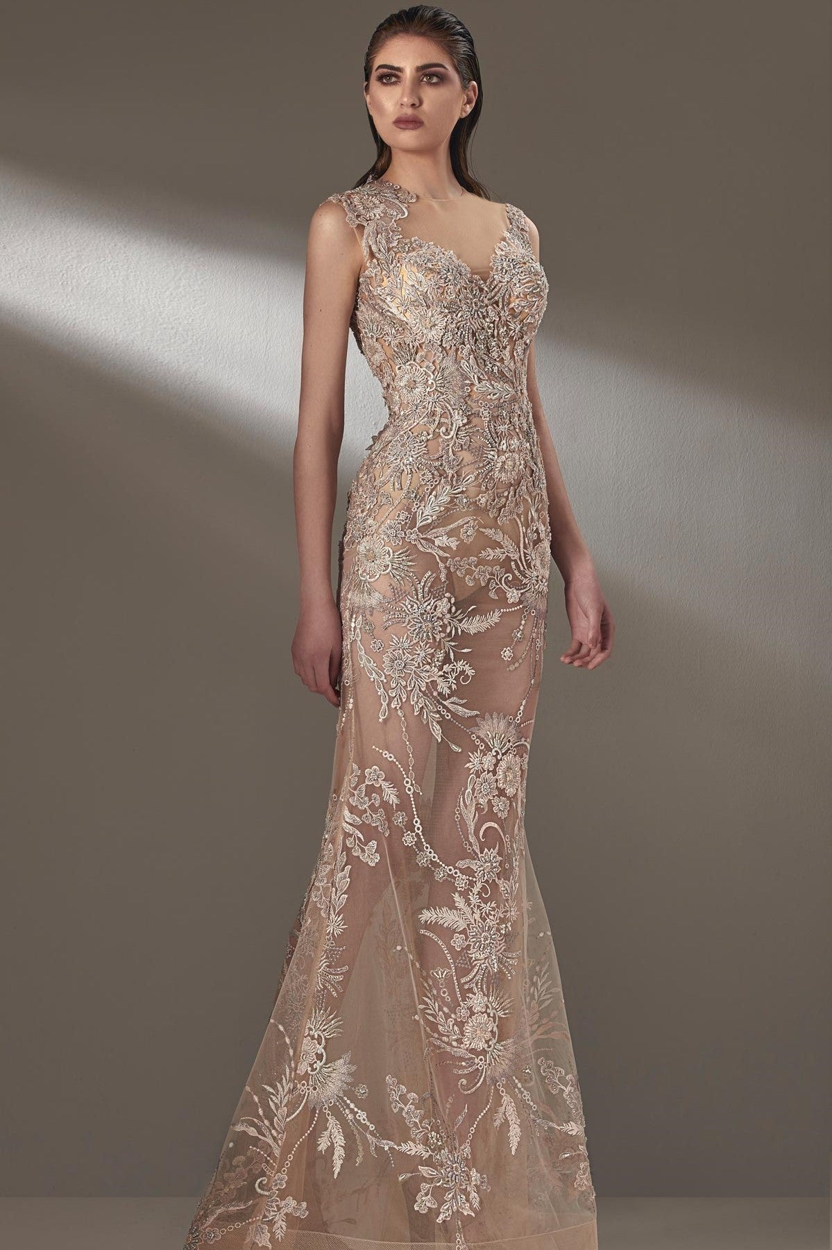 Sleeveless Sheer Neck Gown