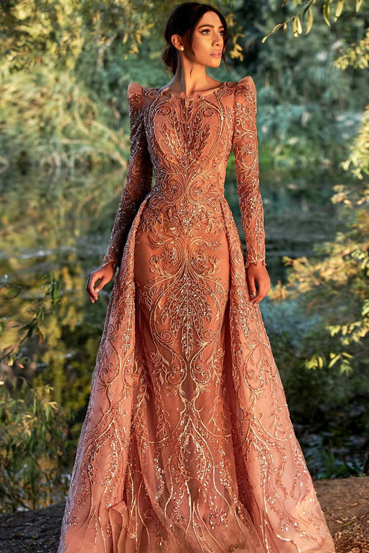 Long Sleeve Sequin Train Gown
