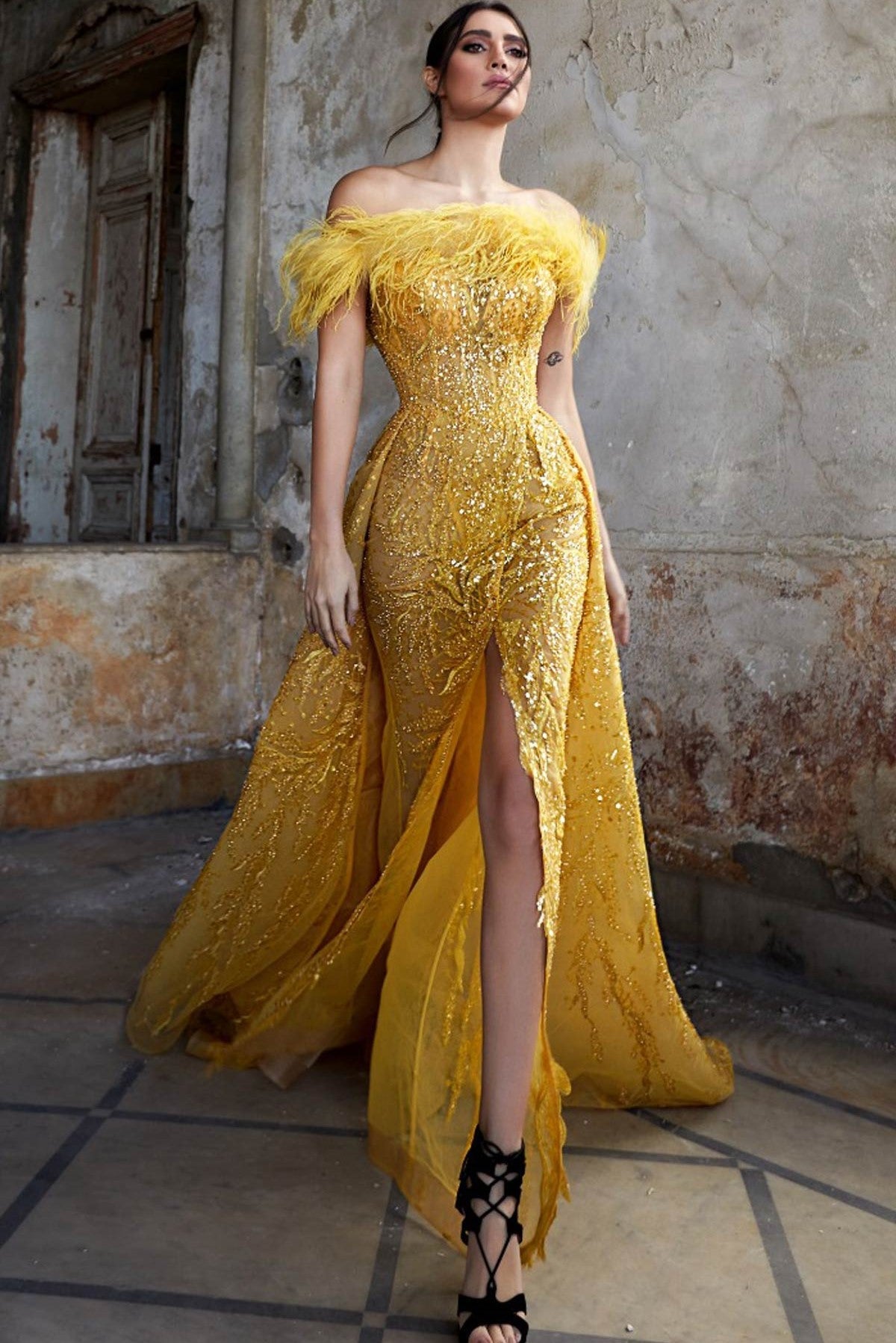 Feather Off Shoulder Gown