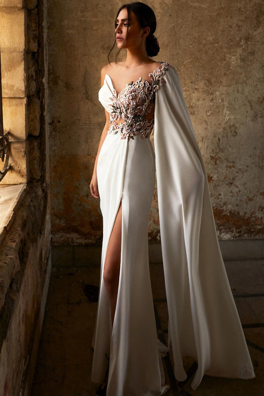 One Shoulder Floral Embroidered Gown