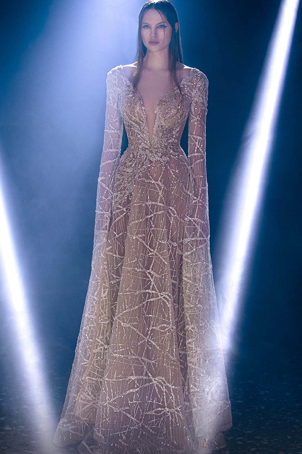 Long Cape Sleeve Sequin Gown