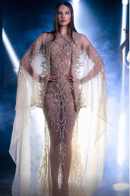 Illusion Beaded Cape Sleeve Gown