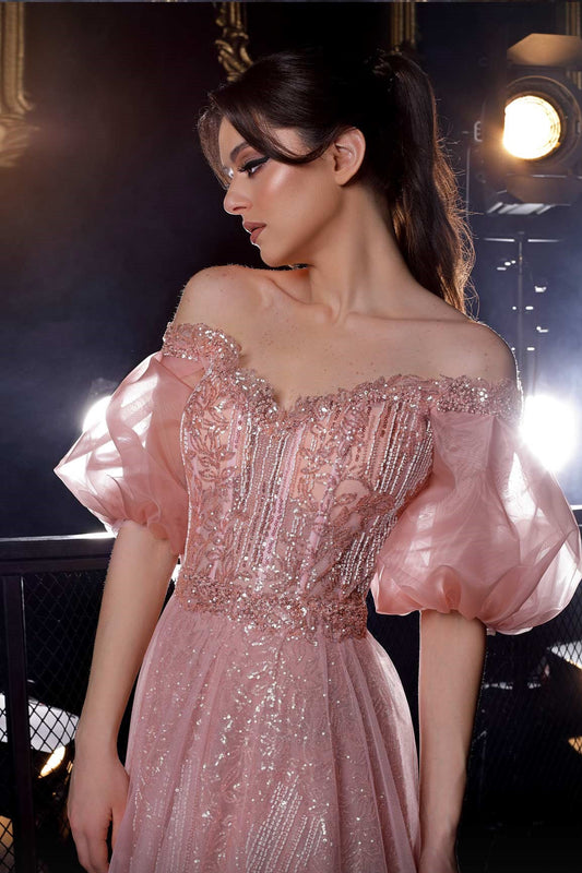 Off Shoulder Puff Sleeve A-Line Gown