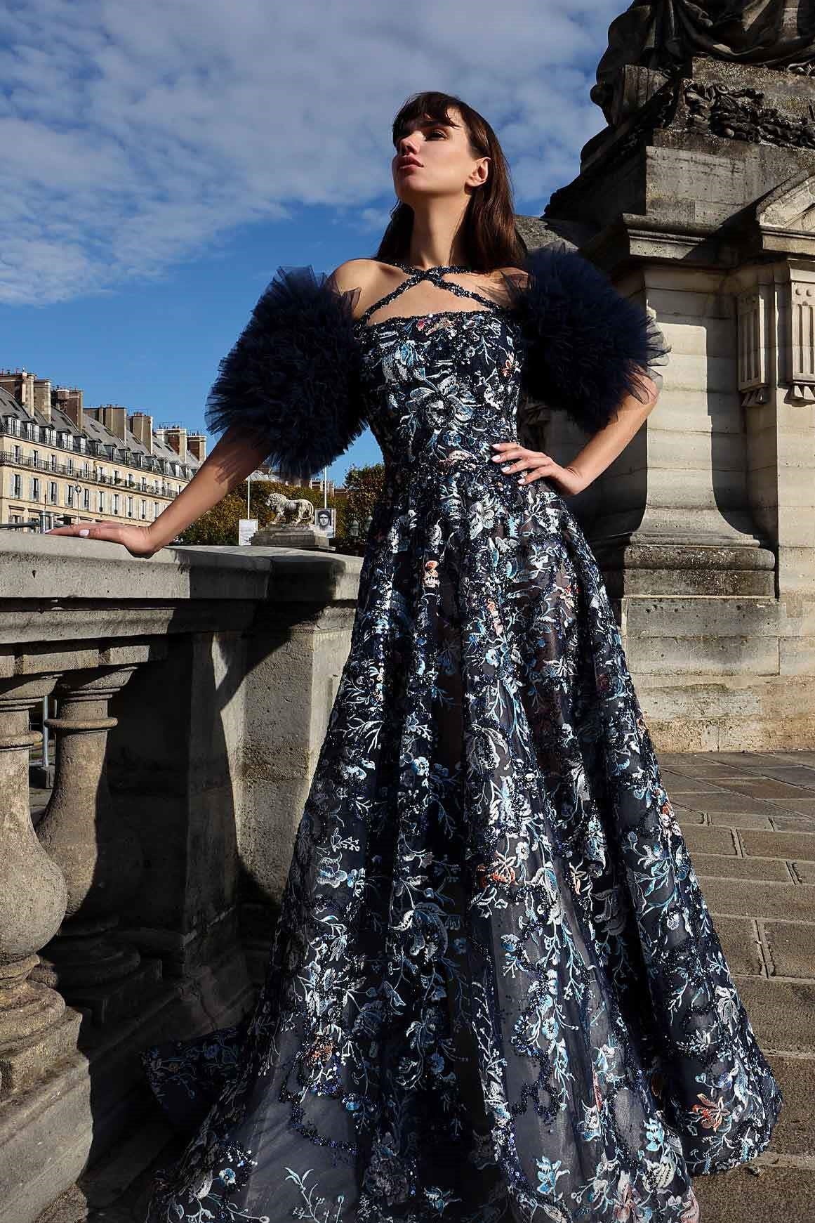 Tulle Short Sleeve A-Line Gown