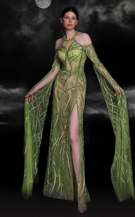 Cape Sleeve Beaded Gown