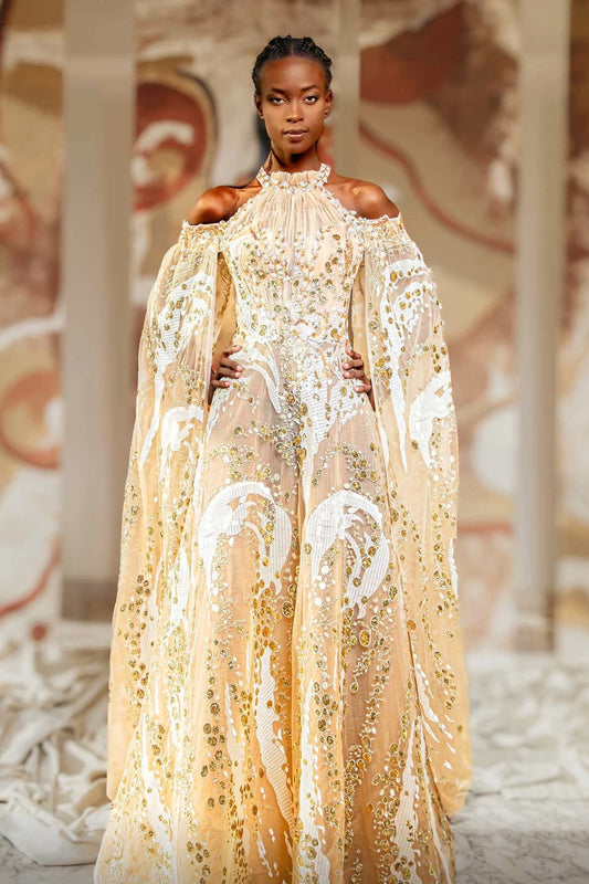 Embellished A-Line Cape Sleeve Gown