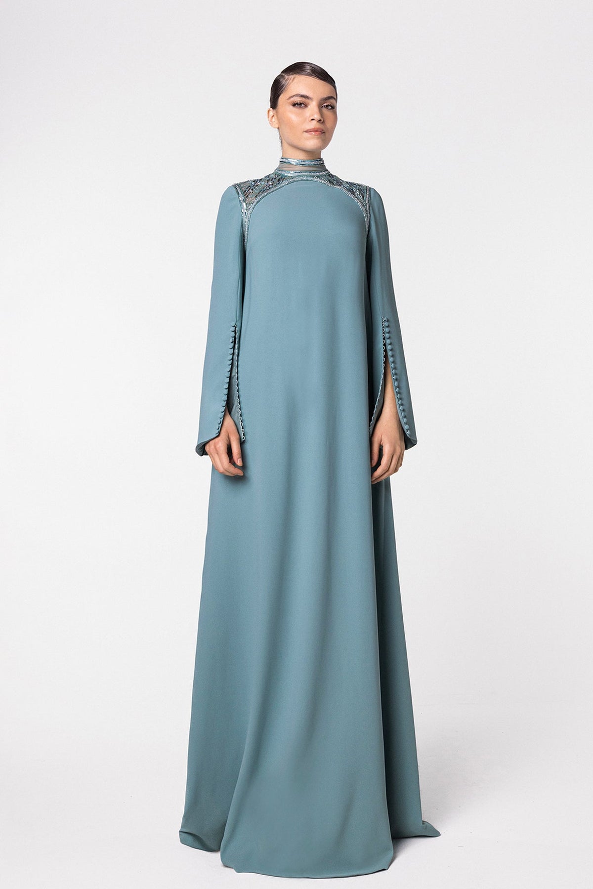 Beaded-Yoke Bell-Sleeve Kaftan