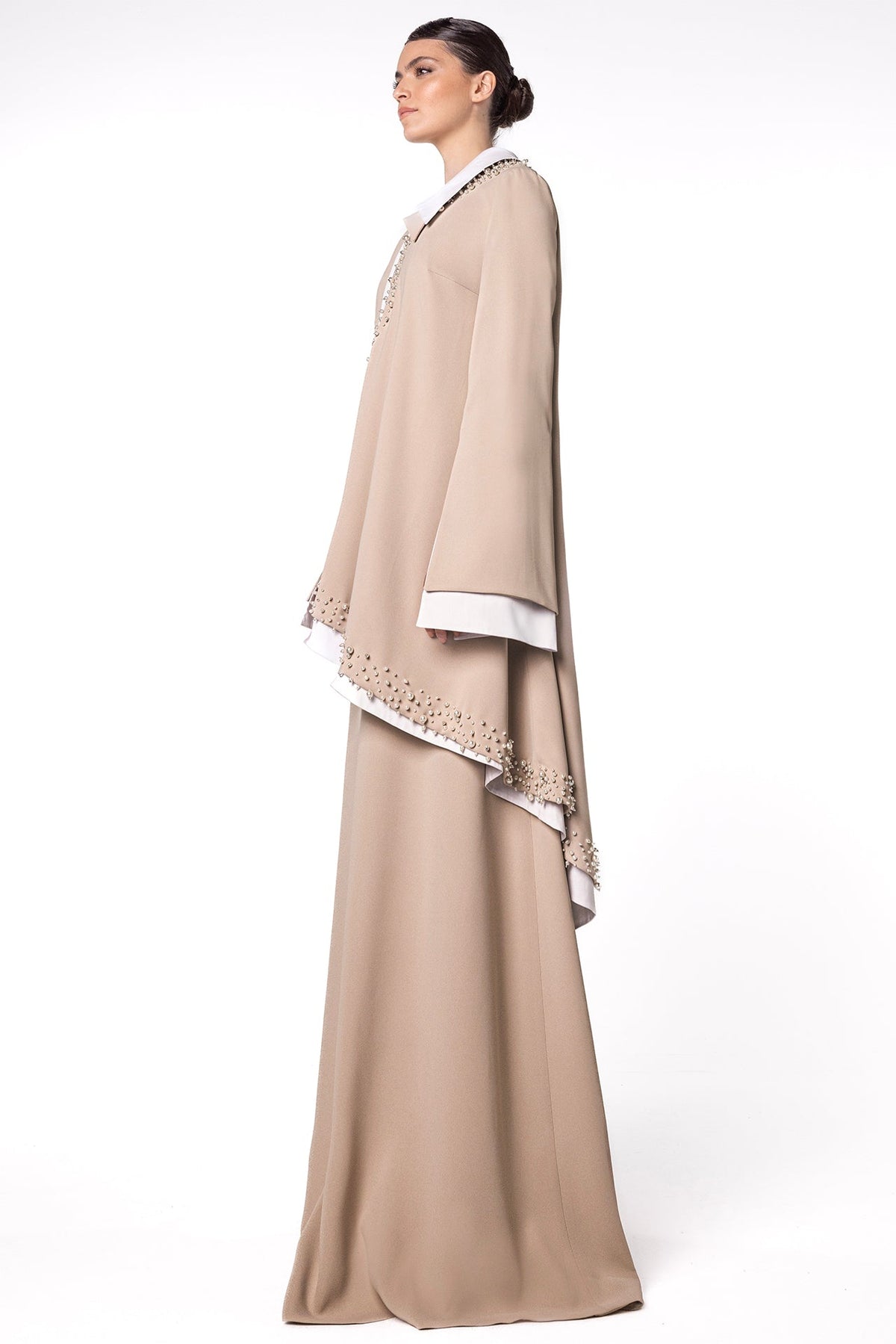 Pearl-Trimmed Draped Overlay Kaftan