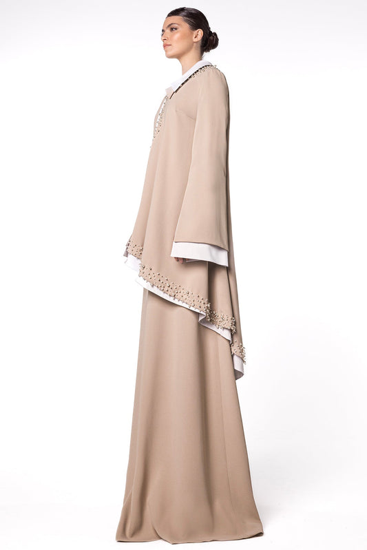 Pearl-Trimmed Draped Overlay Kaftan