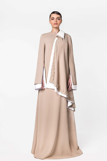 Pearl-Trimmed Draped Overlay Kaftan