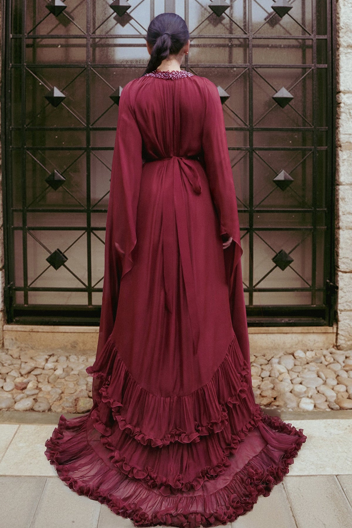 Cape-Sleeve Tiered Chiffon Kaftan