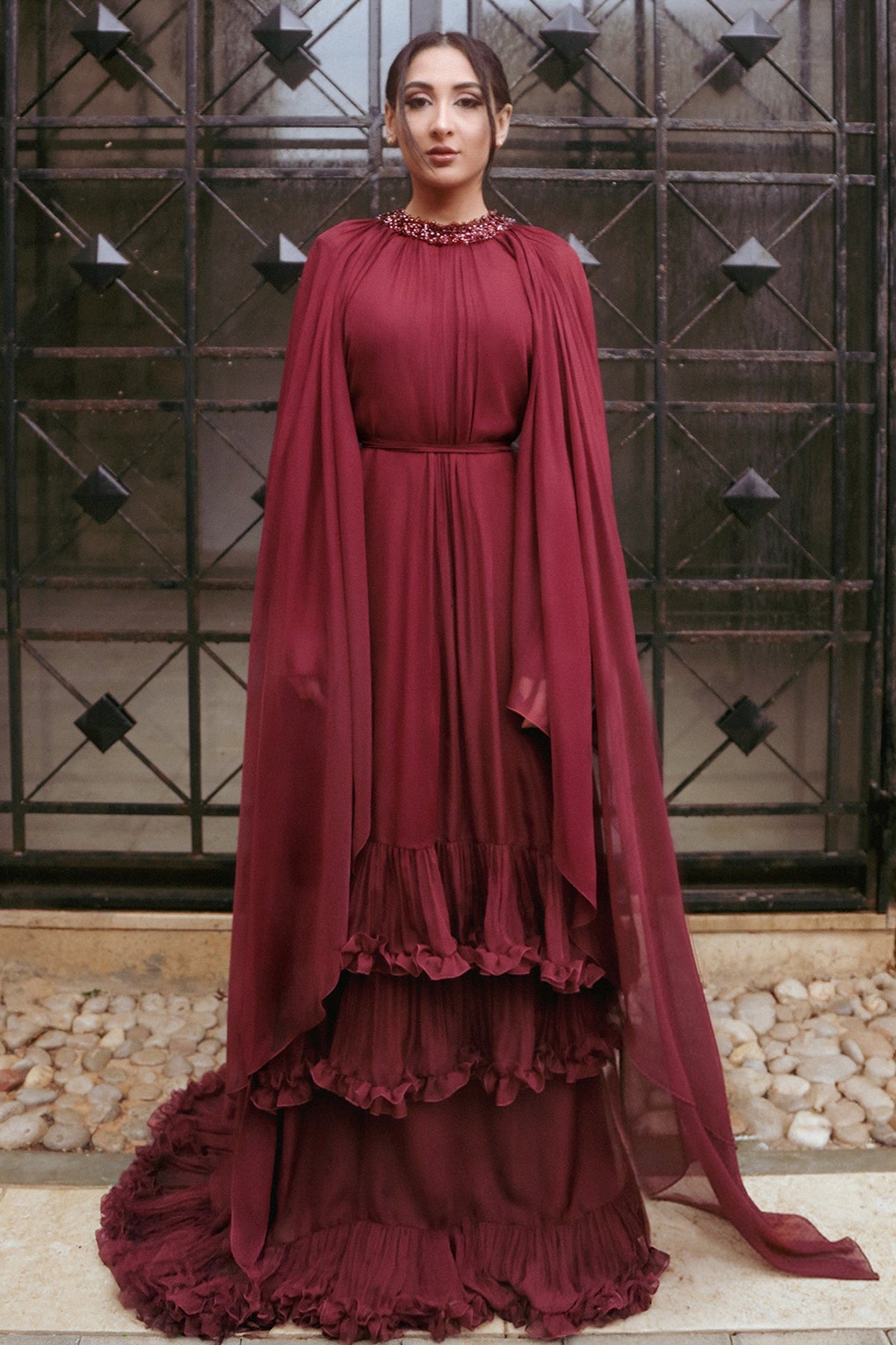 Cape-Sleeve Tiered Chiffon Kaftan